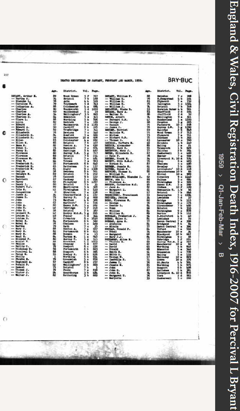 Percival Lovatt “Percy” Bryant-- England & Wales, Civil Registration Death Index, 1916-2007(1959)