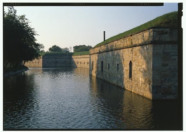 General view of the west rampart and moat, looking from...