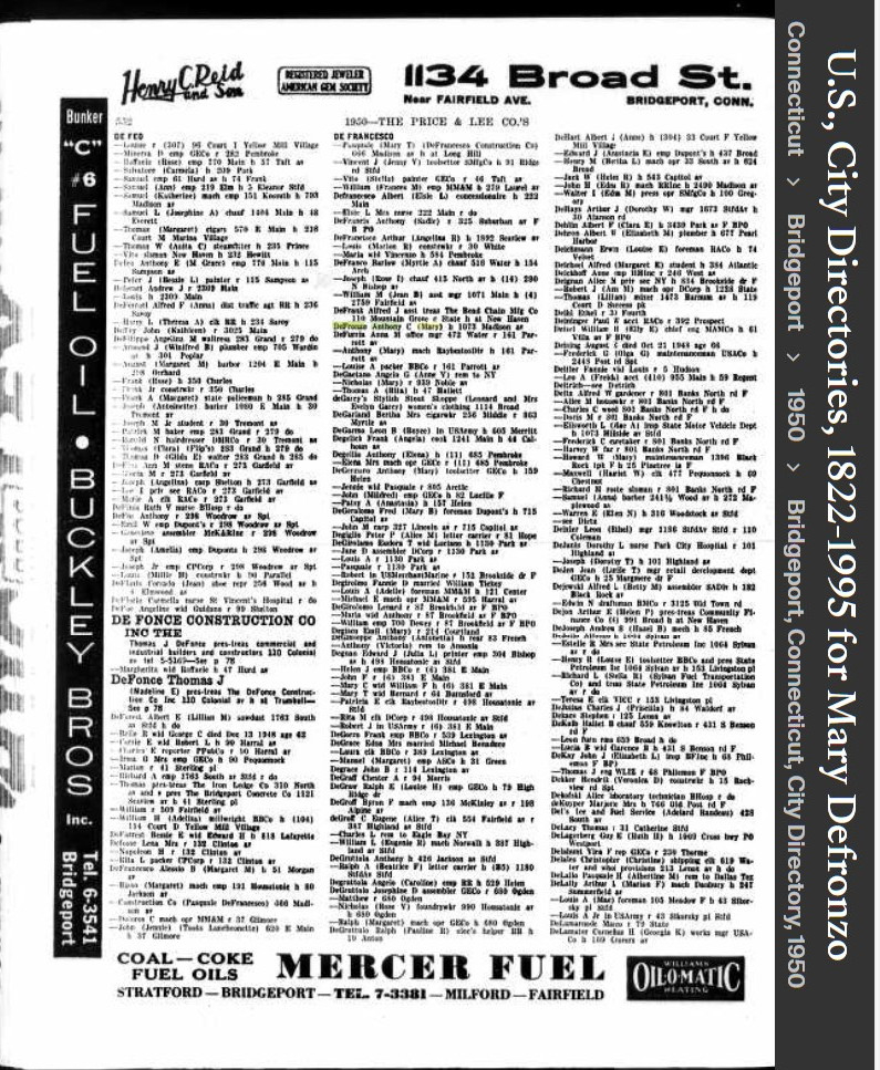 Mary Elizabeth (O'hare) Defronzo --U.S., City Directories, 1822-1995 (1950)