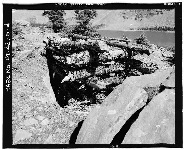 4. VIEW OF CRIBBED LOG STRUCTURE OVER TUNNEL AIR HOLE AND...