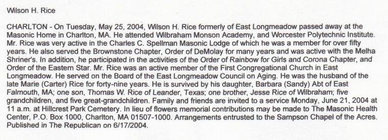 Wilson Rice Obituary