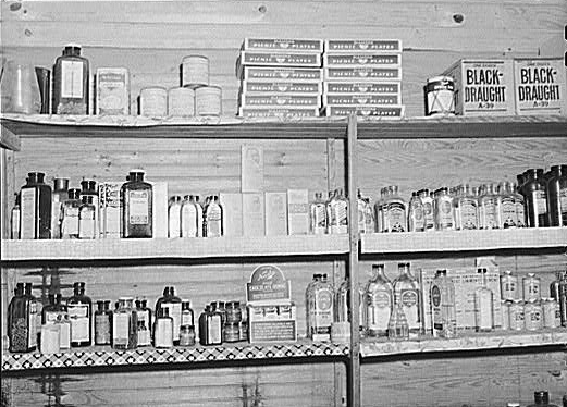 Medicine and drug shelf in country store 
