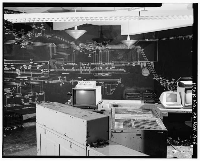 View southwest of model board and operator's station #2;...