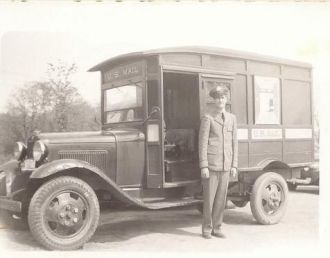 Capt William Glen Cornwell and mail truck, 1945