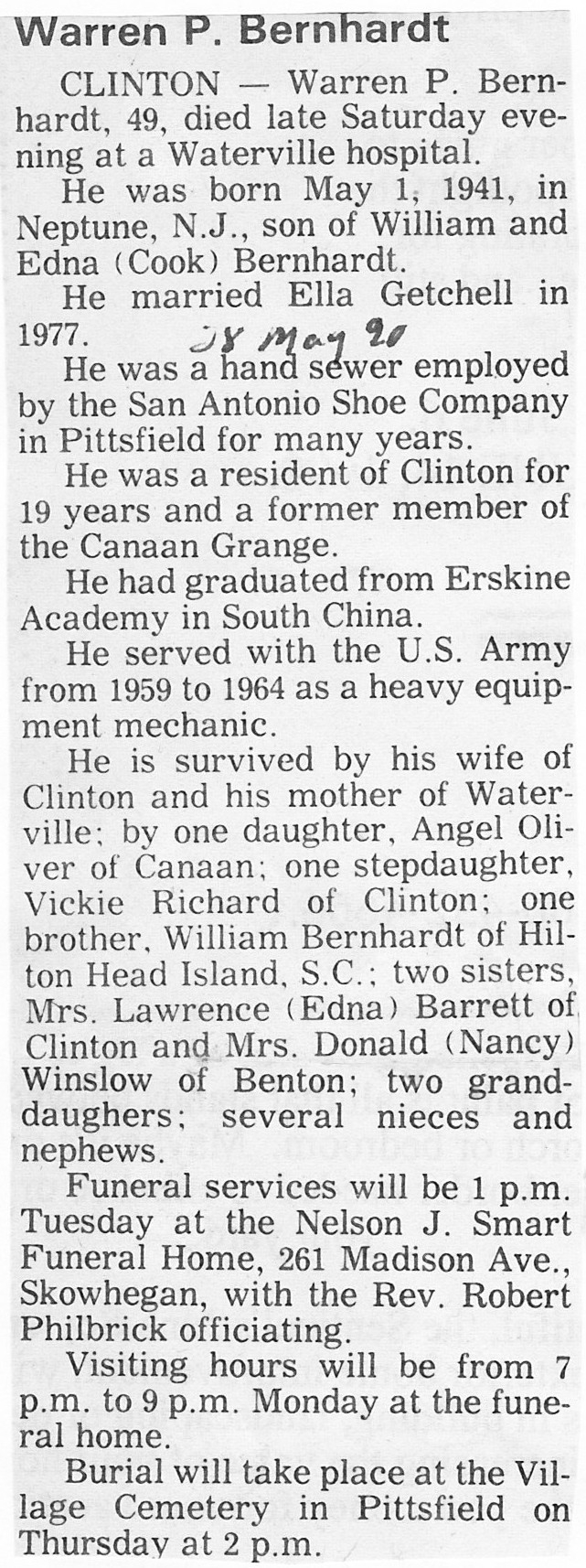 Obituary Warren P Bernhardt