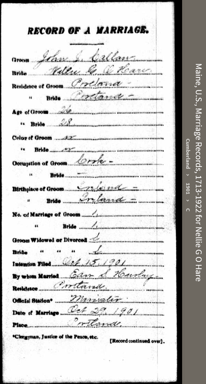 Ellen Georgina-Nellie-O'Hare-Callan--Maine, U.S., Marriage Records, 1713-1922(1901)