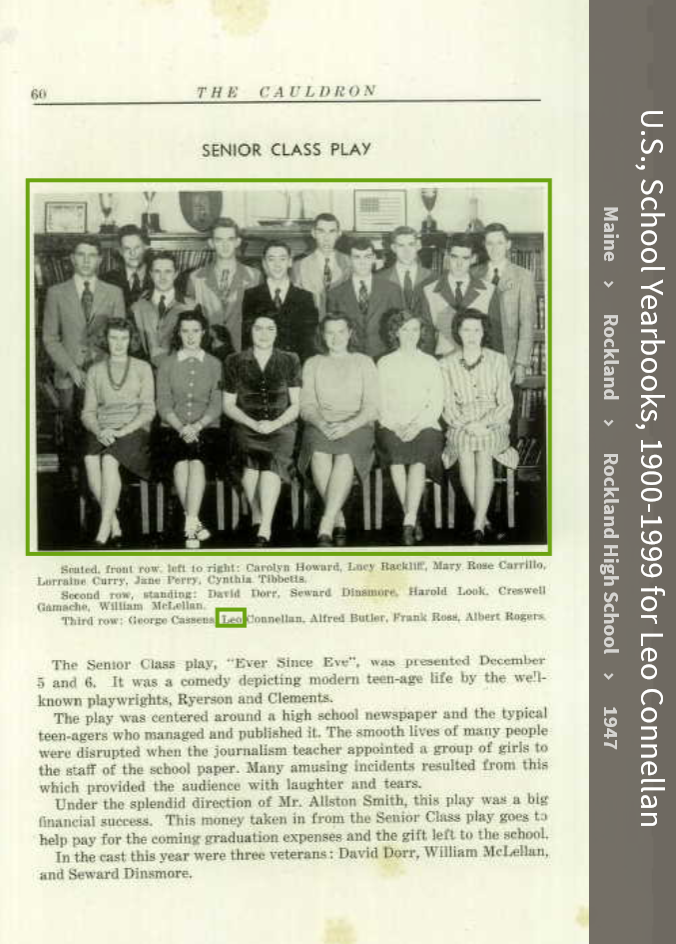 Leo Richard Connellan--U.S., School Yearbooks, 1900-1999(1947)Senior class play