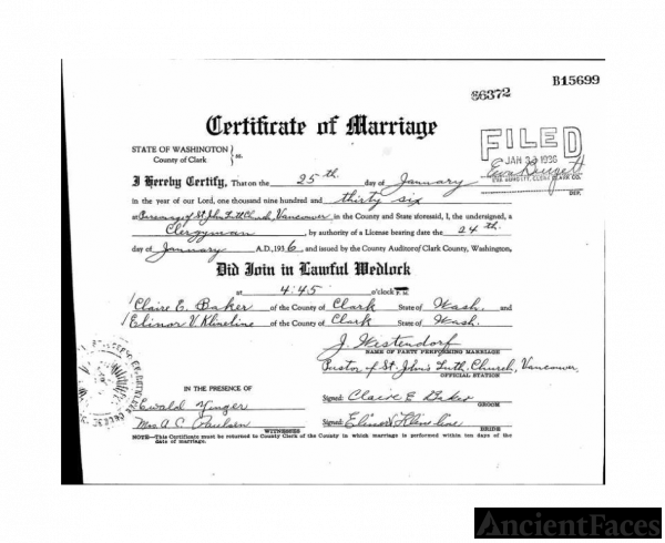 Clair Baker and Elinor Klineline Marriage Certificate