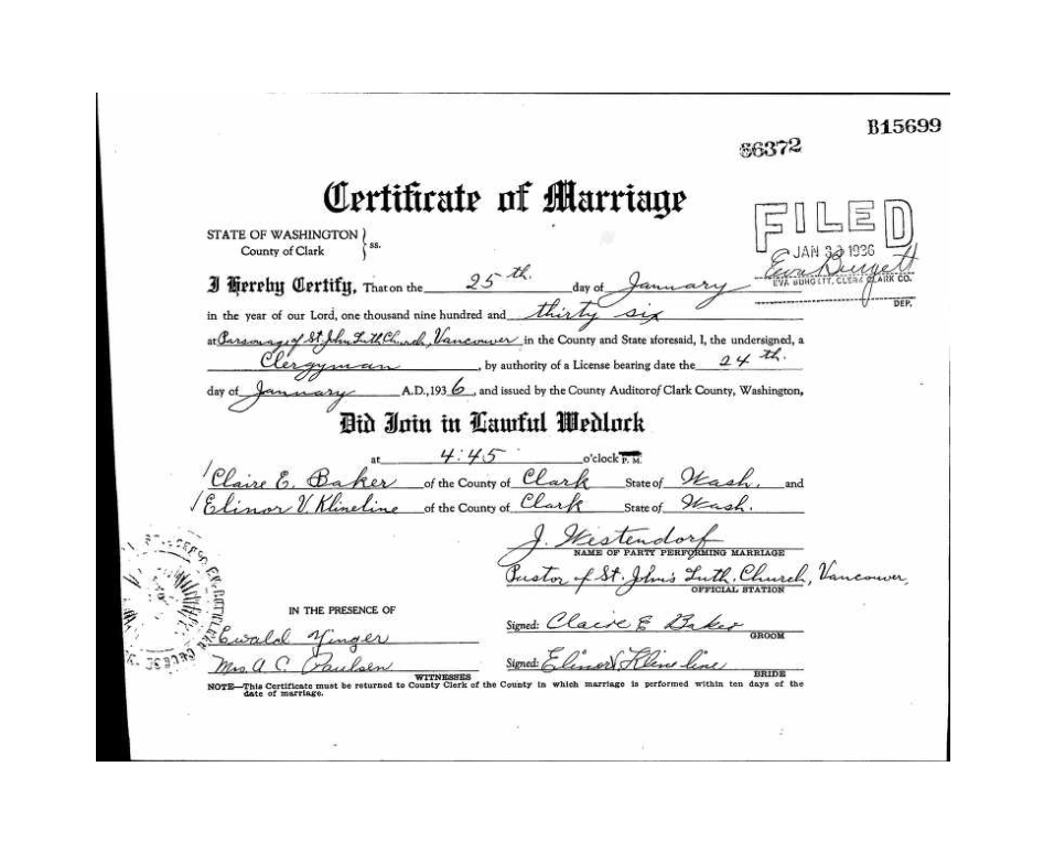 Clair Baker and Elinor Klineline Marriage Certificate
