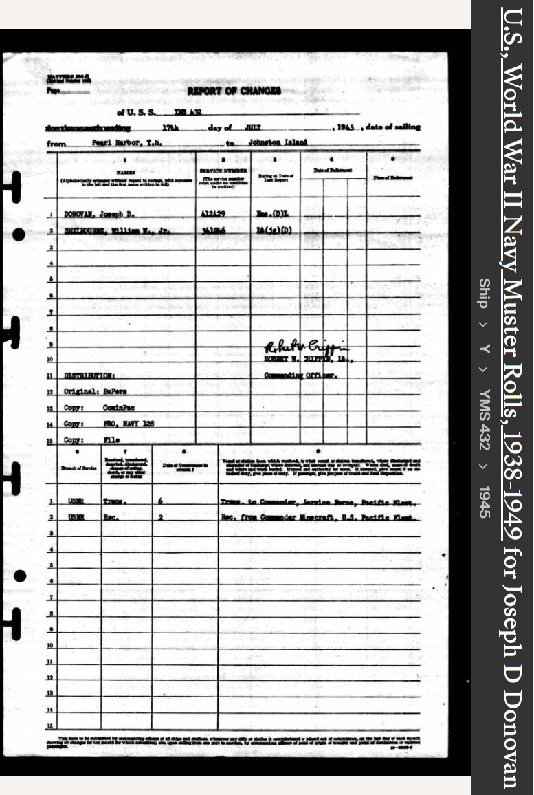 Joseph Dickert Donovan--U.S., World War II Navy Muster Rolls, 1938-1949(1945)