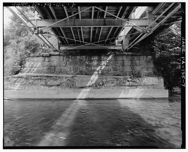 7. GENERAL VIEW OF NORTHERN STONE ABUTMENT, SHOWING TRUSS...