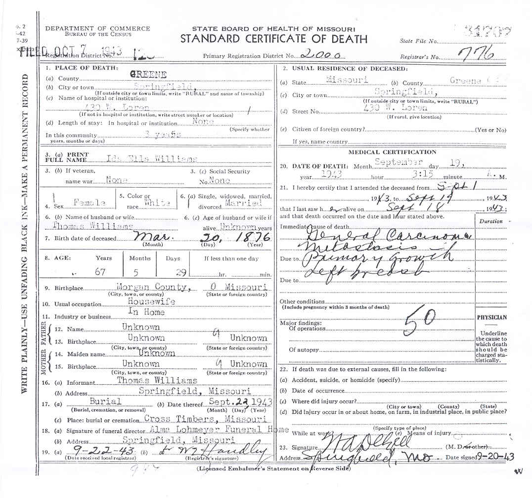 Ida Ellen Williams Death Certificate