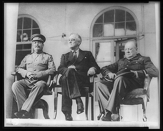 Roosevelt, Stalin, and Churchill on portico of Russian...