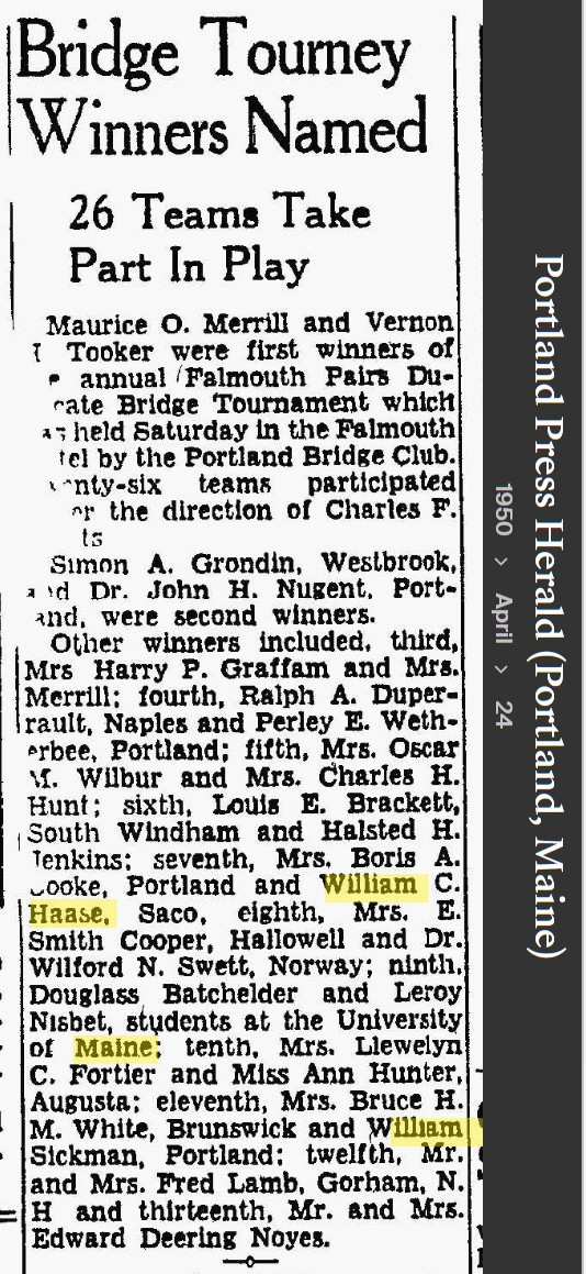 William Ernest Carl "Billy" Haase--Portland Press Herald (Portland, Maine)(24 Apr 1950)