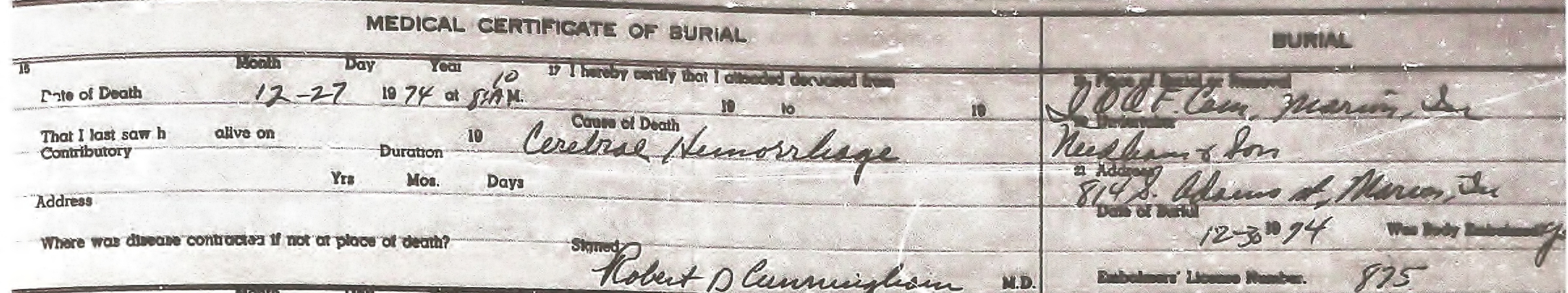 Sarah Pauline Reed Burial Certificate