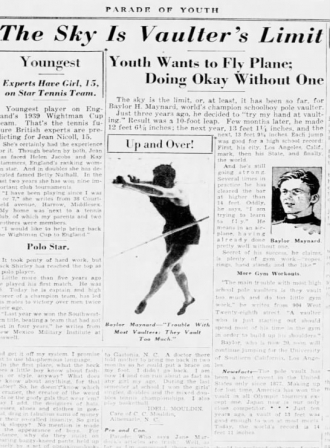 Baylor H. Maynard, Pole Vaulter, The Charlotte Observer, September 1938