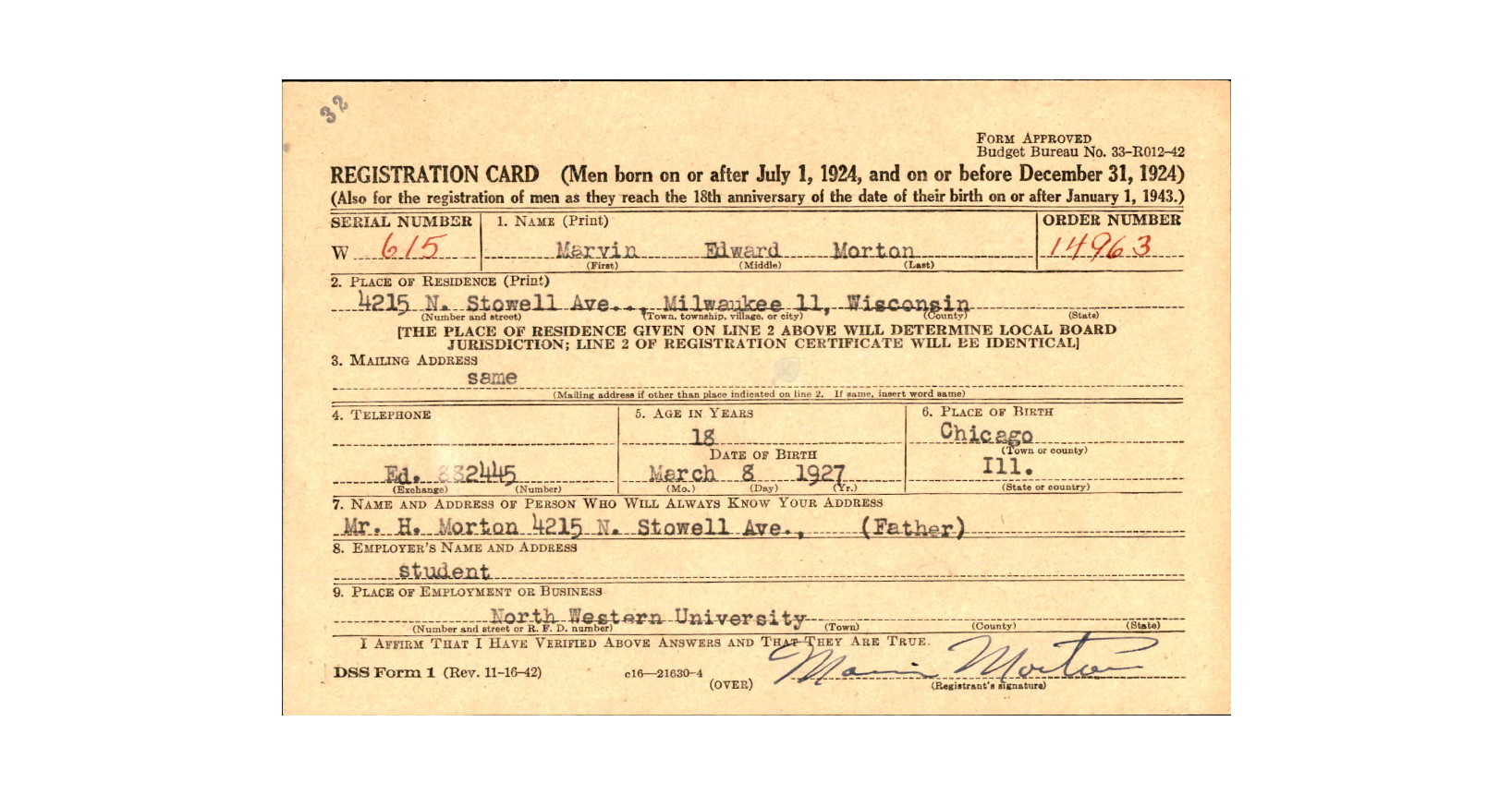 Mickey Morton Registration Card