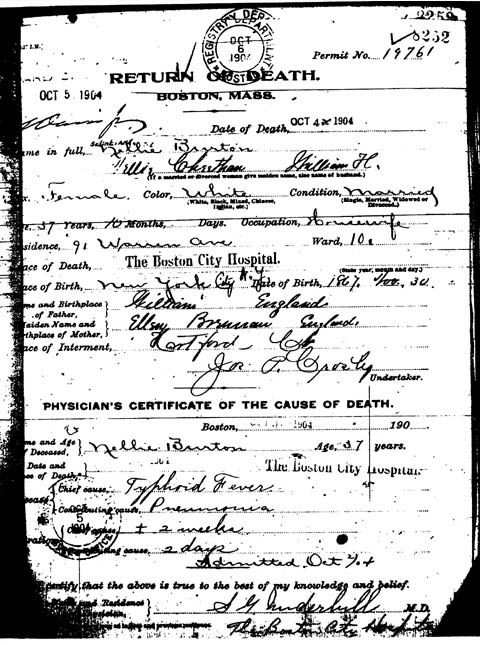 Death Certificate of Nellie Burton