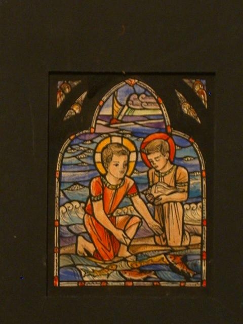 [Design drawing for stained glass window showing 2 haloed...