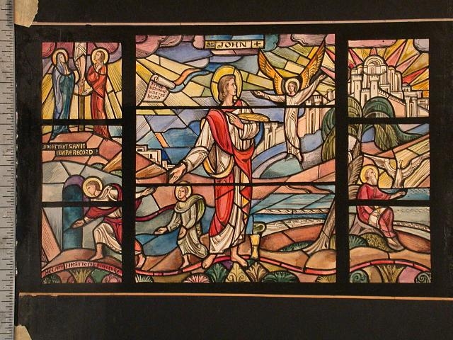 [Design drawing for stained glass window showing St John,...