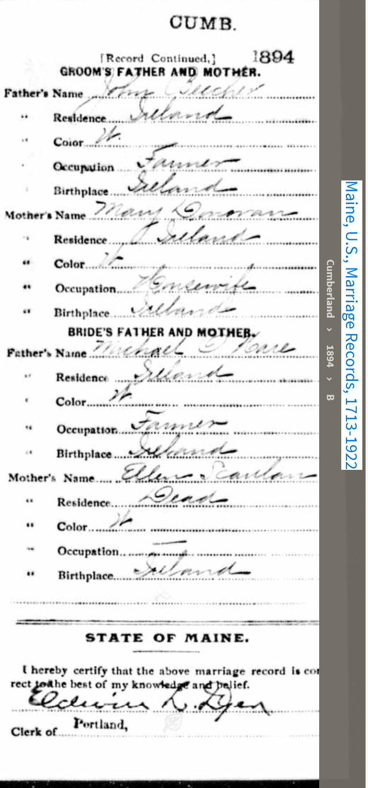 Alice Bridget O'Hehir Beecher--Maine, U.S., Marriage Records, 1713-1922(1894)back