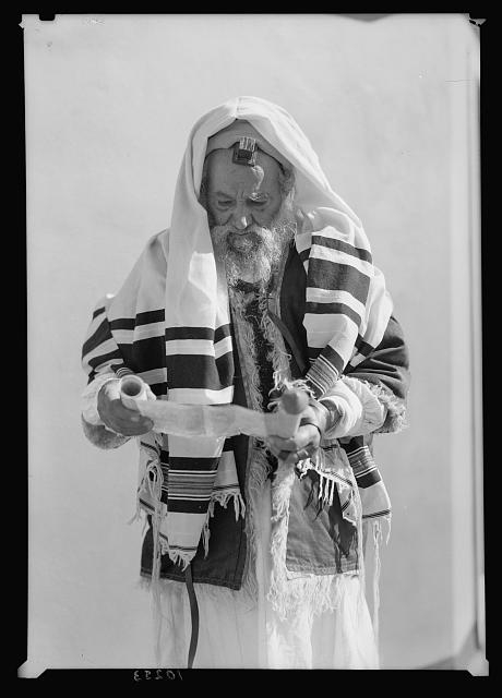 Yemenite Rabbi Avram arrayed for prayer, reading scroll