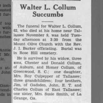 Walter L. Collum Succumbs