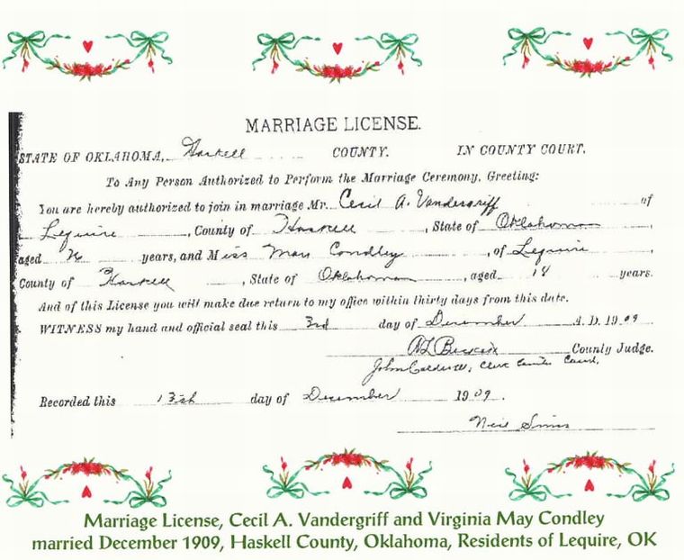 VANDERGRIFF & CONDLEY marriage, 1909 OK