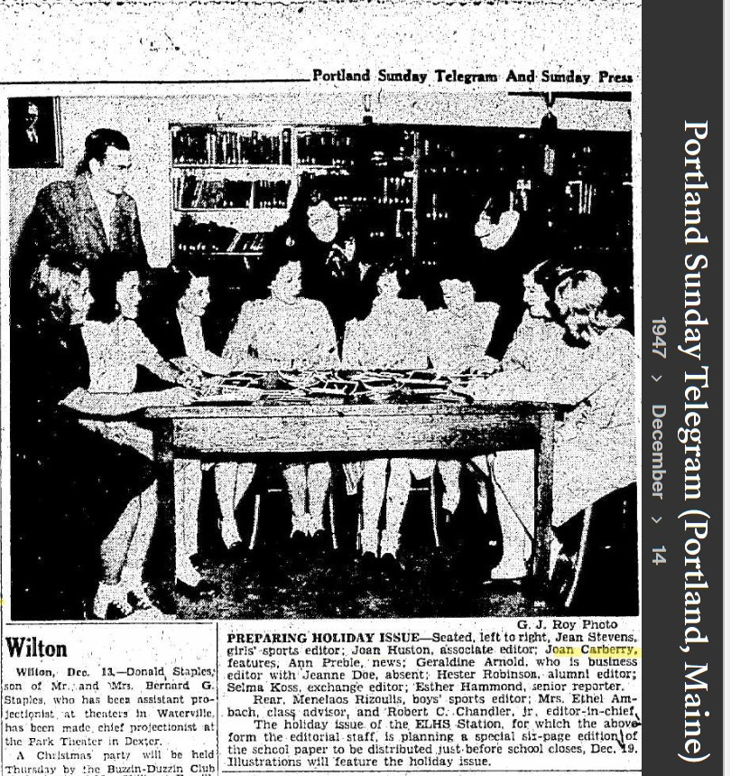 Joan Elizabeth (Carberry) Connellan--Portland Sunday Telegram (Portland, Maine)(14 Dec 1947)