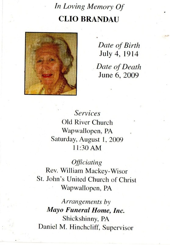 Pennsylvania Obituary, Clio Brandau