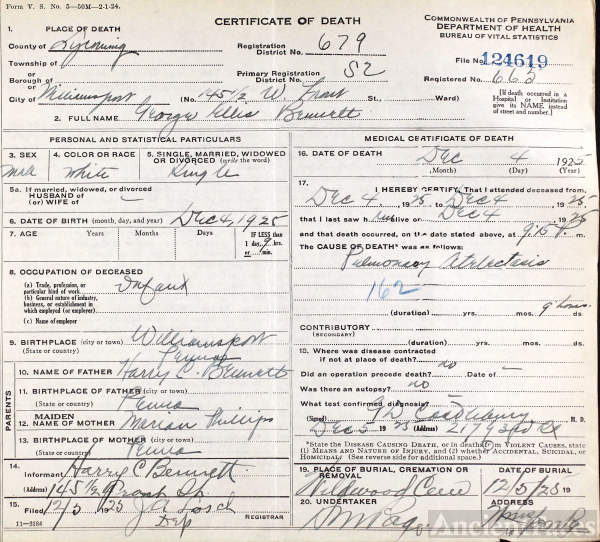 George Ellis Bennett death certificate