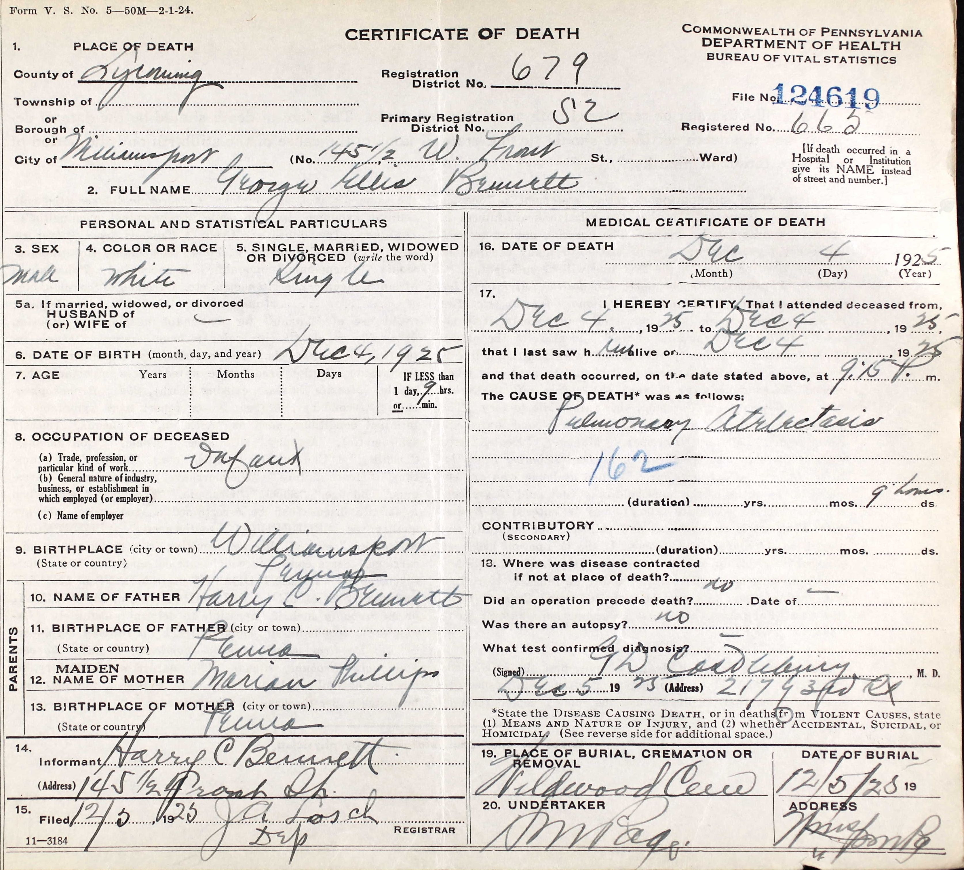 George Ellis Bennett death certificate