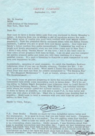 Greer Garson letter, 1967