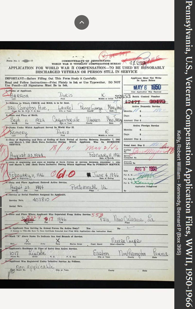 Doris Rose (Kemery) Barron --Pennsylvania, U.S., Veteran Compensation Application Files, WWII, 1950-1966(6 May 1950)