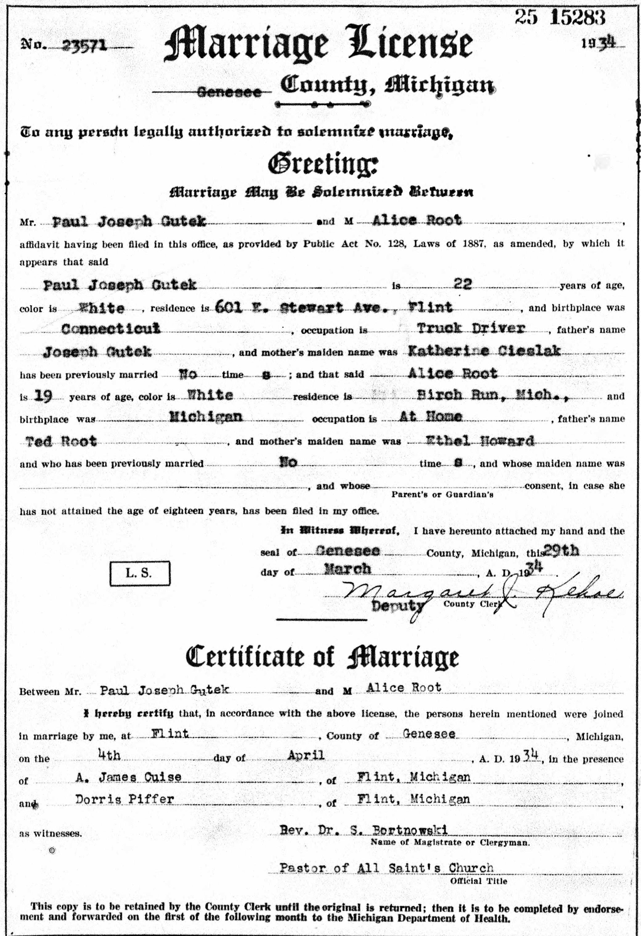 Paul and Alice (Root) Gutek Marriage License