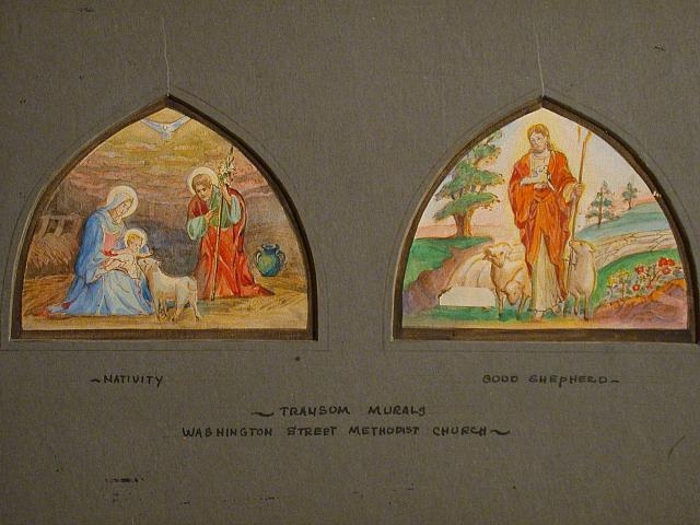 [Design drawing for Transom murals with Nativity, and...