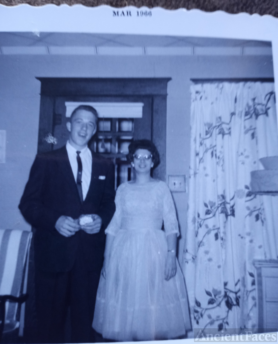 My mother Pam C Thompson and her Mystery date. March 1966. At Montcalm high school.