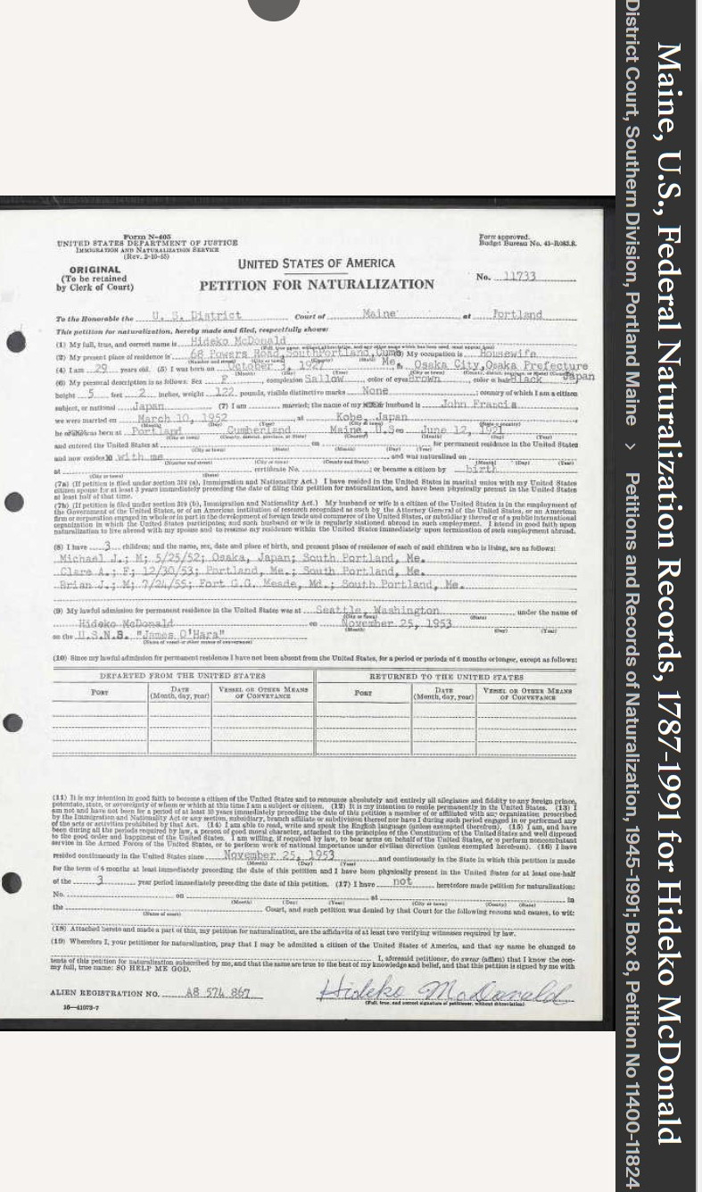 Hideko Sasaki-McDonald--Maine, U.S., Federal Naturalization Records, 1787-1991