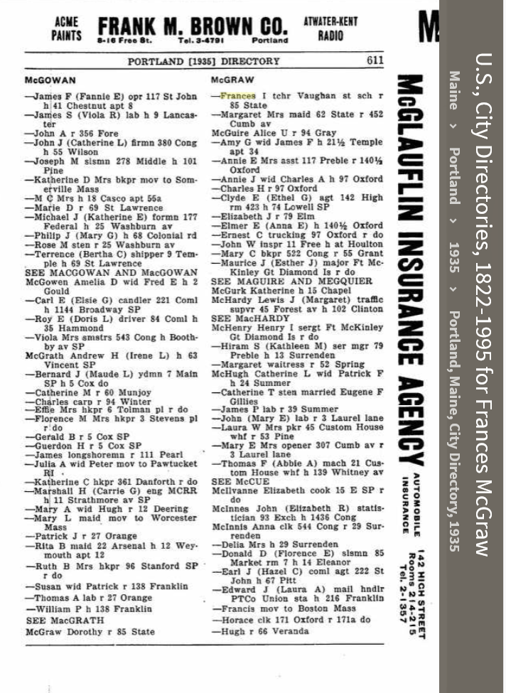 Frances Irene (Connellan) McGraw--U.S., City Directories, 1822-1995(1935)
