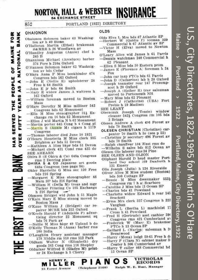 Martin Scanlan O'Hare --U.S., City Directories, 1822-995(1922)