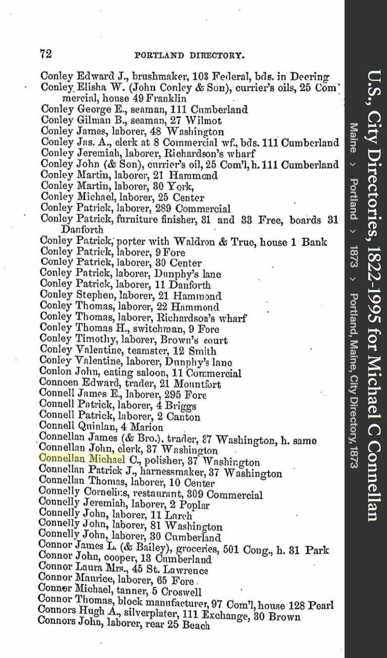 Michael Charles Connellan--U.S., City Directories, 1822-1995(1873)