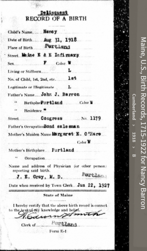 Nancy Maynes Barron--Maine, U.S., Birth Records, 1715-1922(1918)