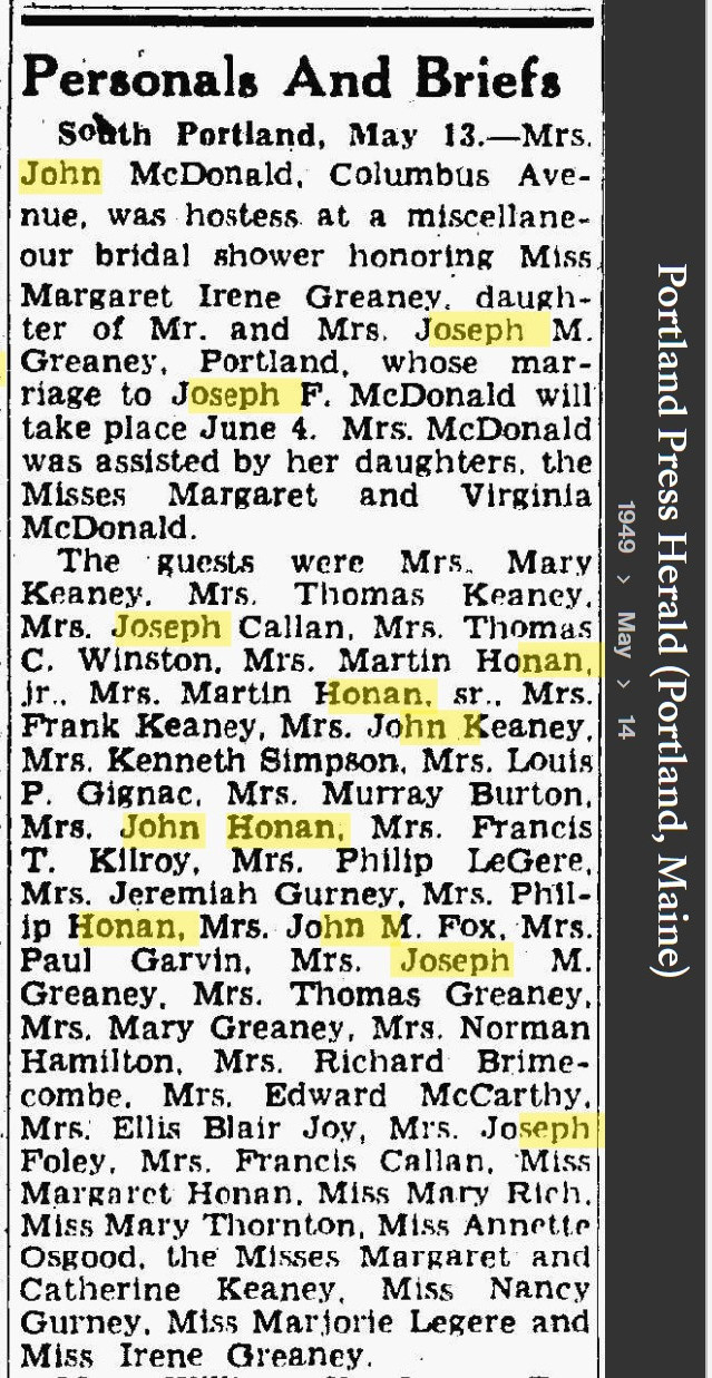 Margaret Irene Greaney--Portland Press Herald (Portland, Maine)(14 may 1949)
