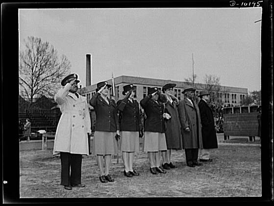 Review girl cadets at Dunbar High School. Military drill...