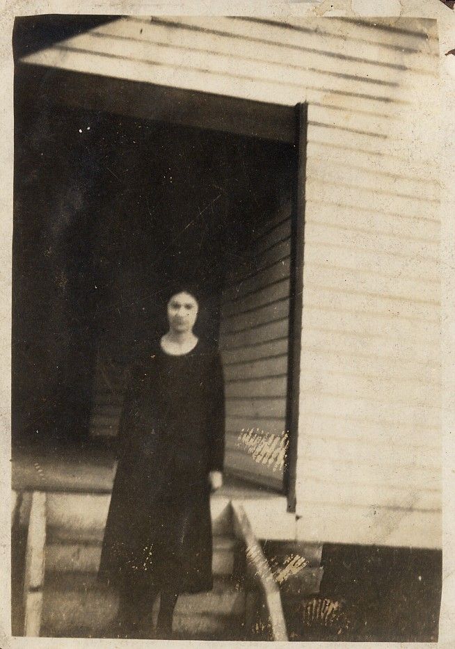 My grandmother in front of Hollis School