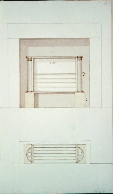 [Design drawing for a fireplace stove. Front and top]
