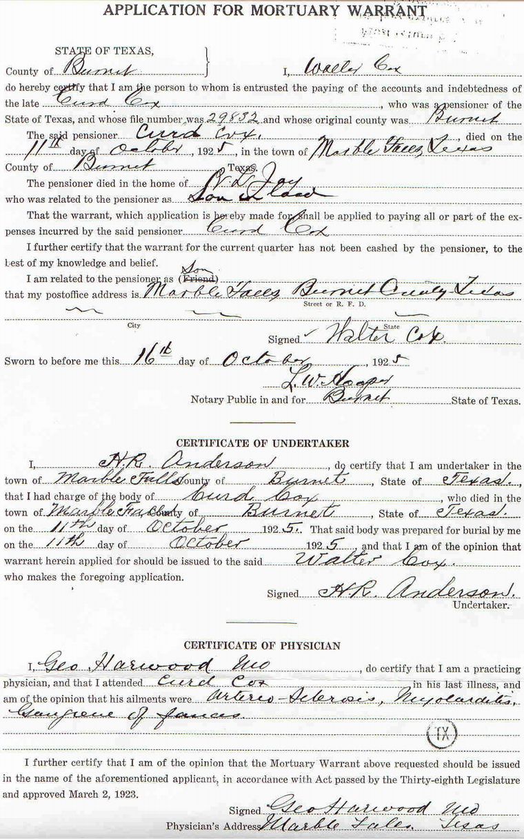 Curd Cox/Texas-1925 Mortuary Warrant Application