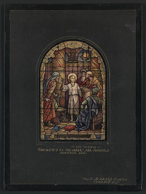 [Design drawing for stained glass window "In the Temple,"...