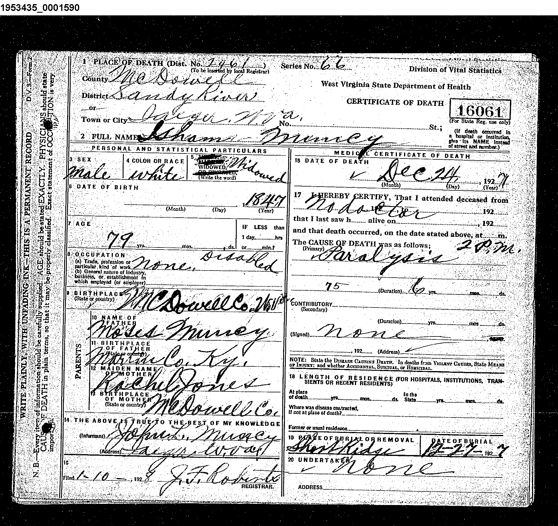 Death Cert of Isham Muncy, WV