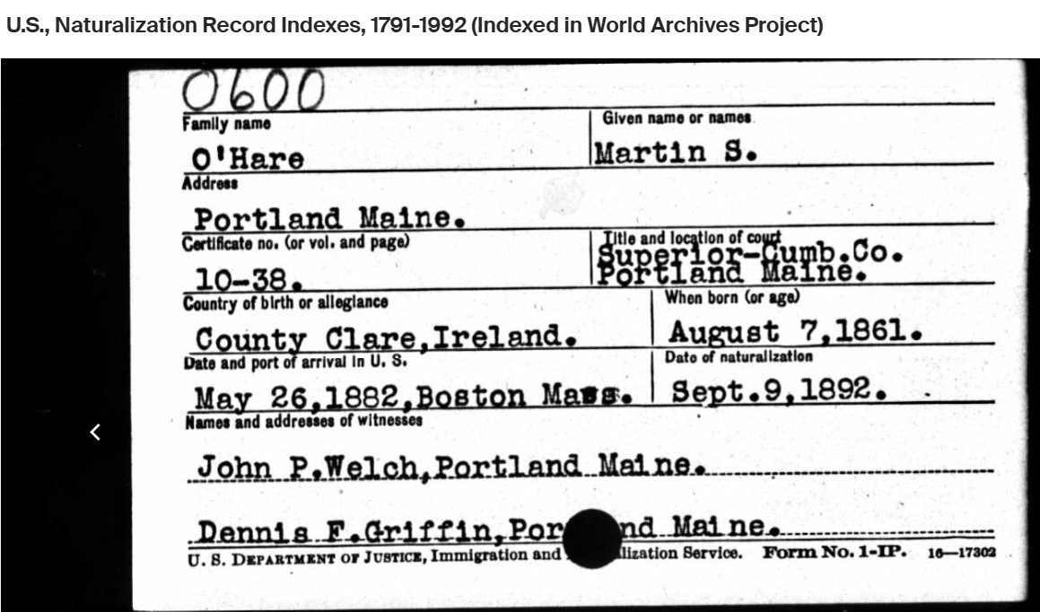 Martin Scanlan O'Hare--U.S., Naturalization Record Indexes, 1791-1992 (Indexed in World Archives Project)